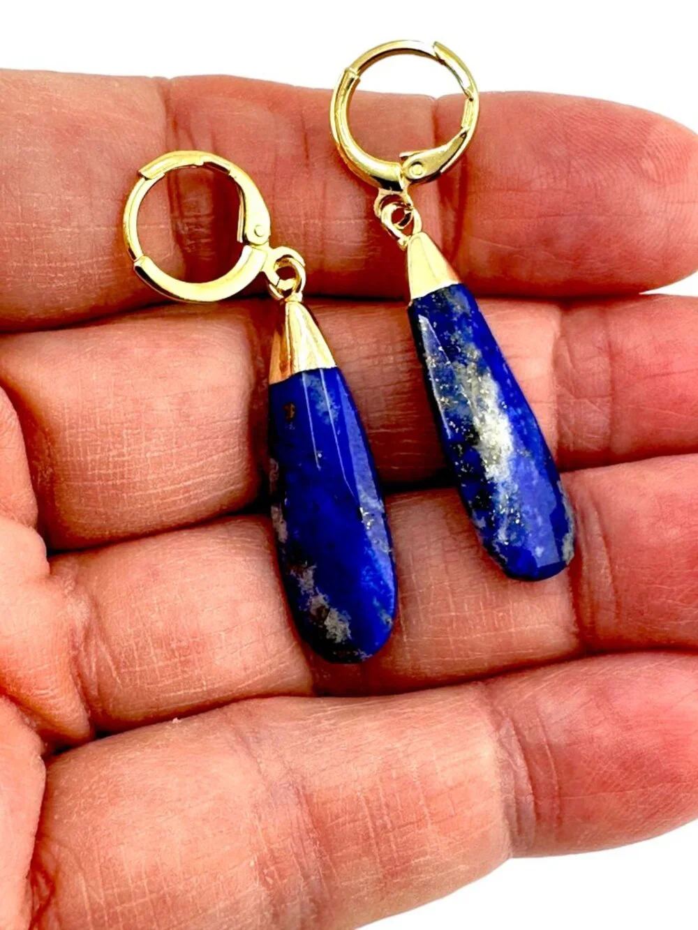 Lapis Lazuli Teardrop Earrings Gold Filled Hoops Blue Gemstone Dangle 1.75" - Picture 4 of 11